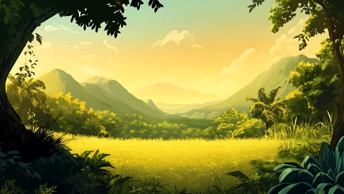 Golden sunrise meadow cradled by lush green mountains.