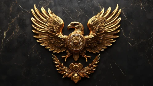 Gilded heraldic eagle relief with radial shield medallion.