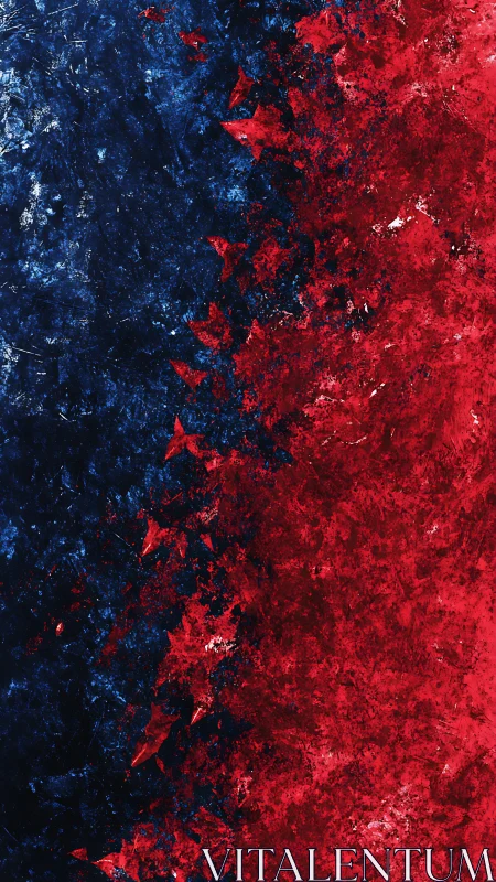 Textured red and blue impasto field with fractured diagonal divide.