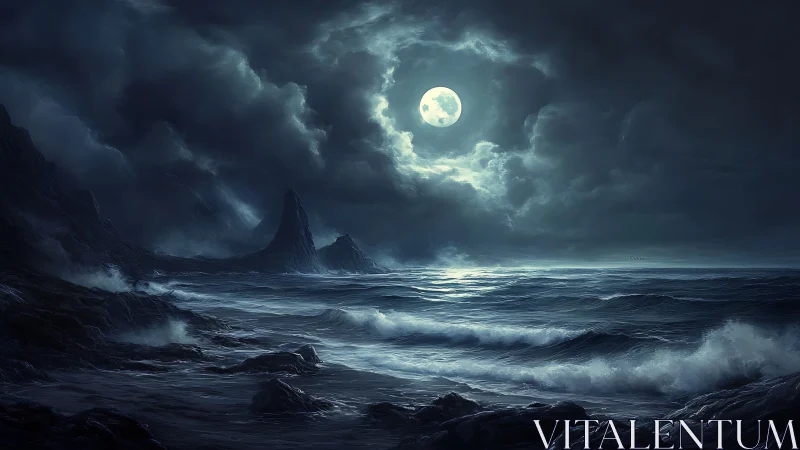 Moonlit storm sea where restless waves meet clouded sky.