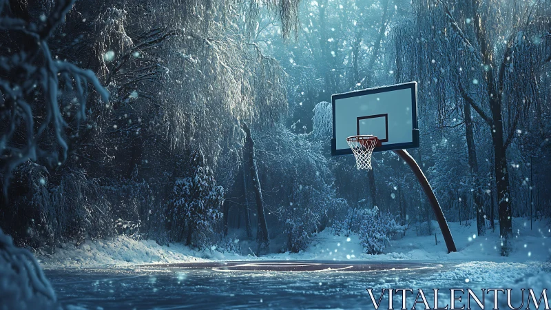 Snowy forest basketball court under cold blue winter light.