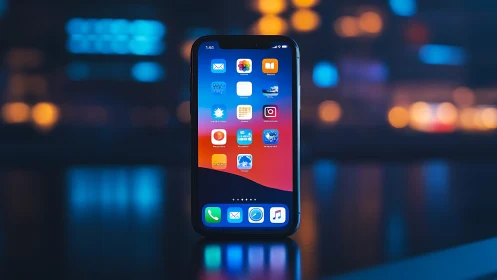 iPhone Home Screen Interface with Gradient Wallpaper and Bokeh Background Illumination.