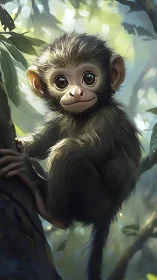 Digital painting study of a young monkey in soft forest light.