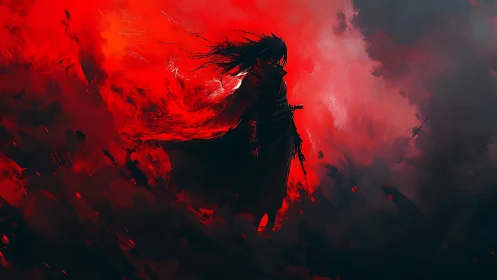 Lone dark warrior stands in a storm of burning crimson haze