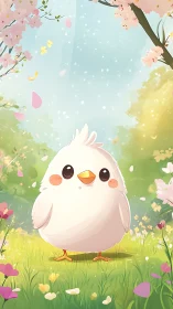 Chibi white songbird character in luminous spring meadow grove