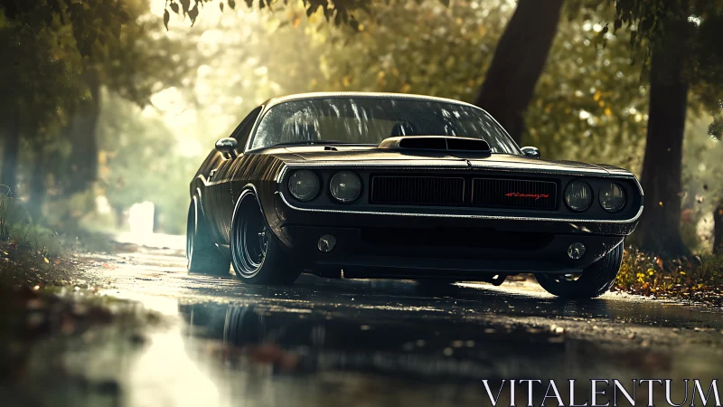 Low-angle render of classic muscle car on wet forest road.