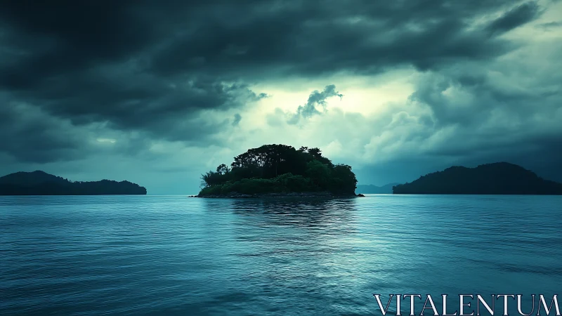 Tropical island seascape with dense vegetation beneath storm clouds