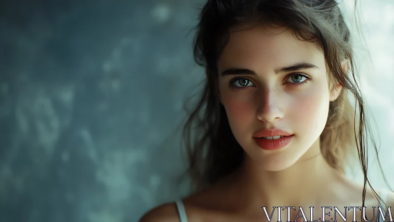 Soft-lit close portrait of young woman against blurred teal wall