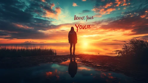 Silhouette by reflective shoreline at saturated sunset sky.