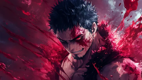 Blood-scarred warrior grins within a crimson storm unleashed.