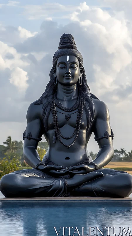 Graceful stone yogi in still meditation under soft skies.