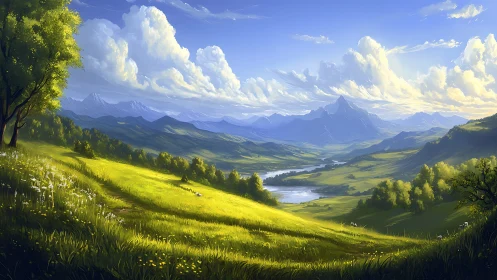 Sunlit valley dreams unfold beneath whispering mountains.