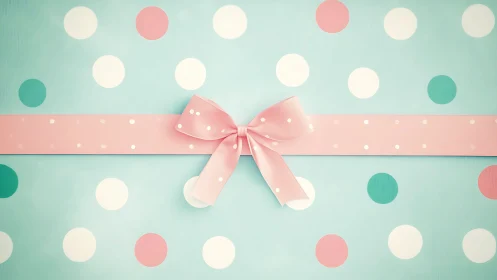 Polka dot gift wrap featuring pastel bow and geometric circle pattern.