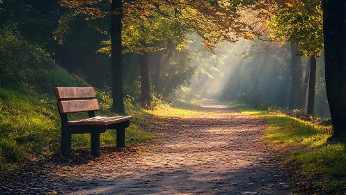 Wooden Bench on Forest Path with Golden Hour Volumetric Light