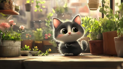 Adorable Black and White Kitten Surrounded by Blooming Potted Plants