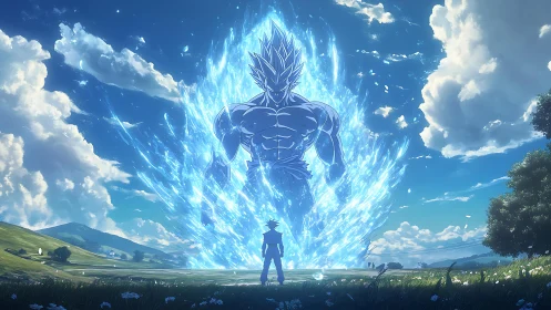 Colossal energy avatar towering above lone anime hero.