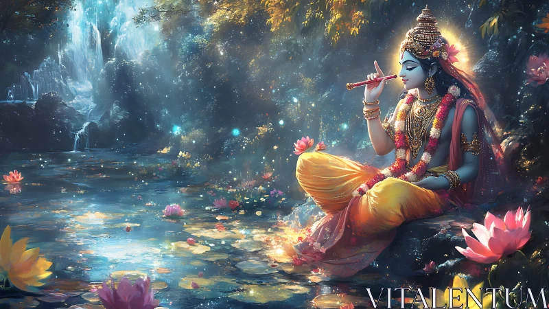 Krishna-like blue figure plays flute beside glowing pond