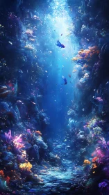 Luminescent reef canyon sinking into sapphire twilight.