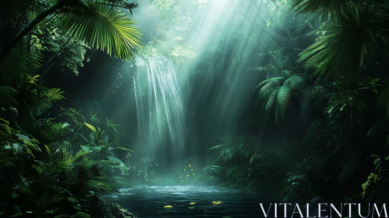 Underground waterfall within dense vegetation and light structure.