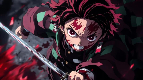 Bloodstained anime swordsman in forward attacking motion.