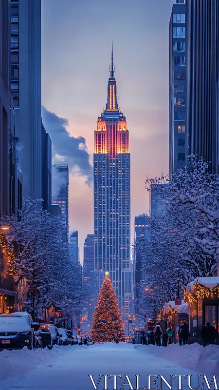 Snow-kissed city canyon crowned by glowing winter spire.