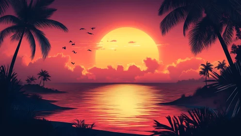 Glowing tropical sunset invites calm dreams by the shore