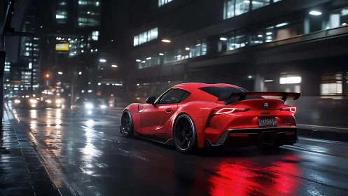Red sports coupe drives on wet city street at night in rain