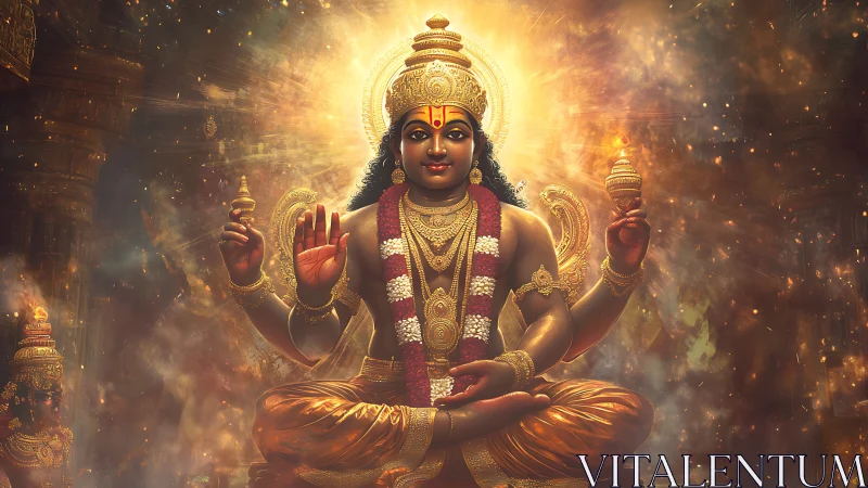 Radiant Hindu deity sits enthroned amid golden cosmic light