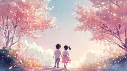 Two children under cherry blossoms in soft pastel anime style