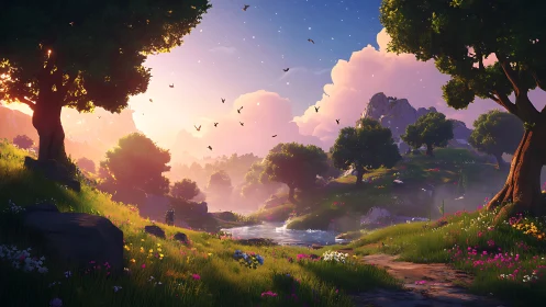 Sunlit valley path winding through a peaceful fantasy meadow.