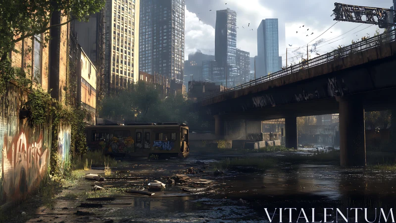 Abandoned urban rail yard beneath elevated freeway at dusk.