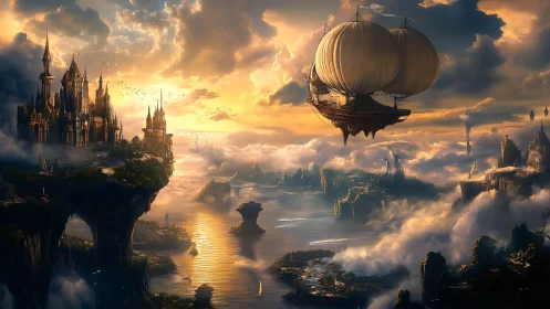 Floating castle cliffs and airship over clouded seascape.