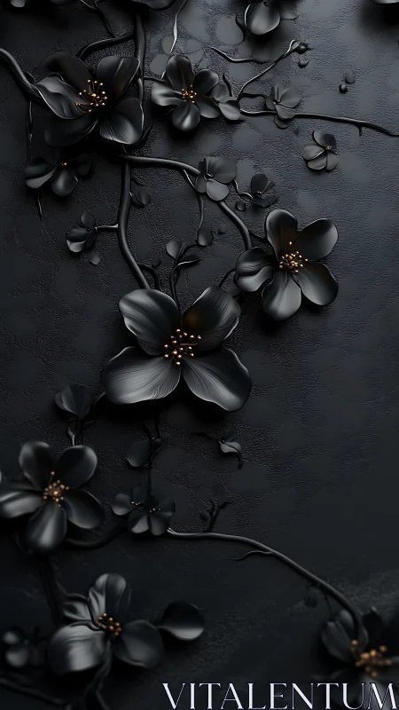 Black Botanical Study: Monochromatic Floral Composition with Metallic Accents.