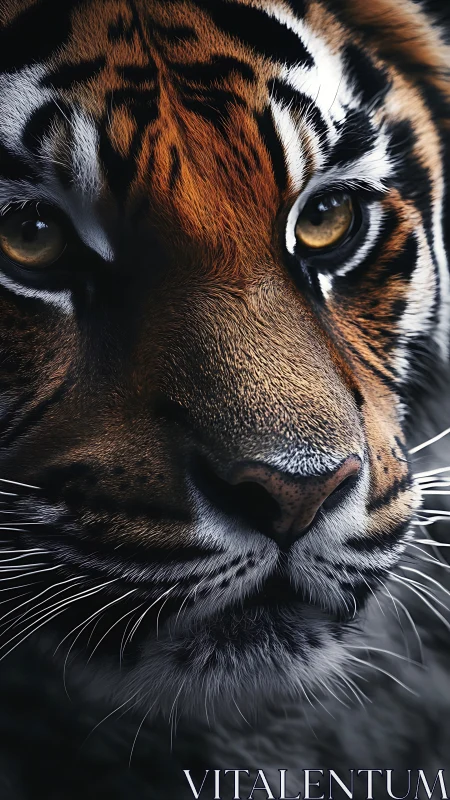 Tiger gaze in dramatic close-up, hyper-detailed portrait.