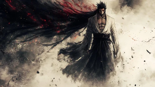 Dynamic samurai figure in storm-swept monochrome digital painting.