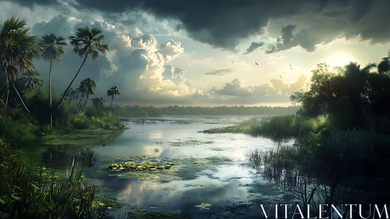 Tropical wetland river under dense clouds and low sunlight.