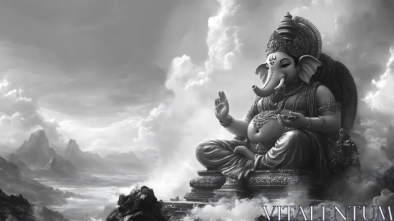 Colossal Ganesha in stormlit clouds above mythic mountains.