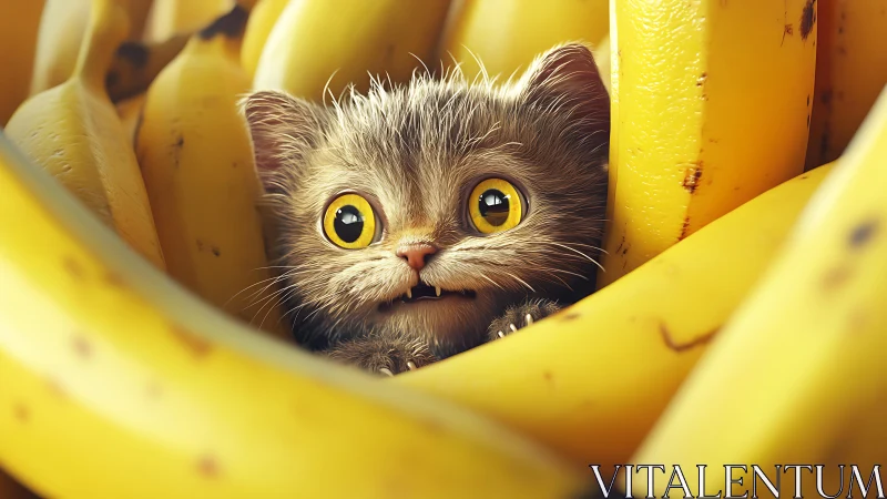 Feline Subject Nestled Among Bananas: Digitally Rendered Portrait