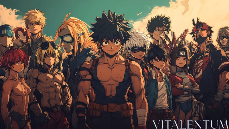 Grit-scarred anime heroes gather beneath a storm-bright sky.
