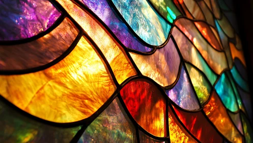 Colorful abstract stained glass window with curved segments.