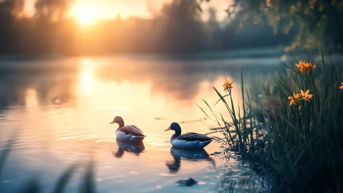 Two ducks on calm lakeside water at low evening sunlight.