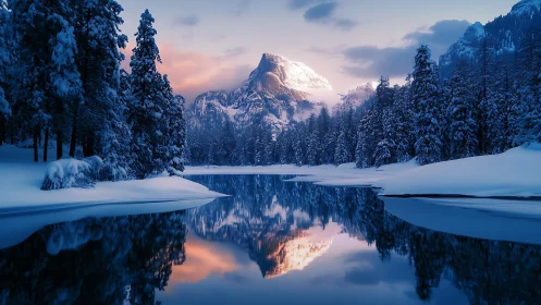 Snow-draped pines mirror a blushing alpine crown at dusk.