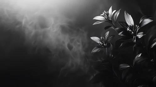 Monochrome lilies emerge from dark background with mist