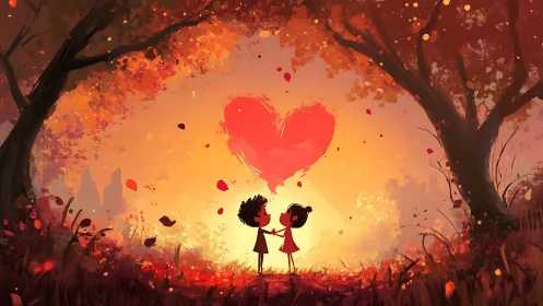 Two figures holding giant red heart beneath autumn trees silhouette