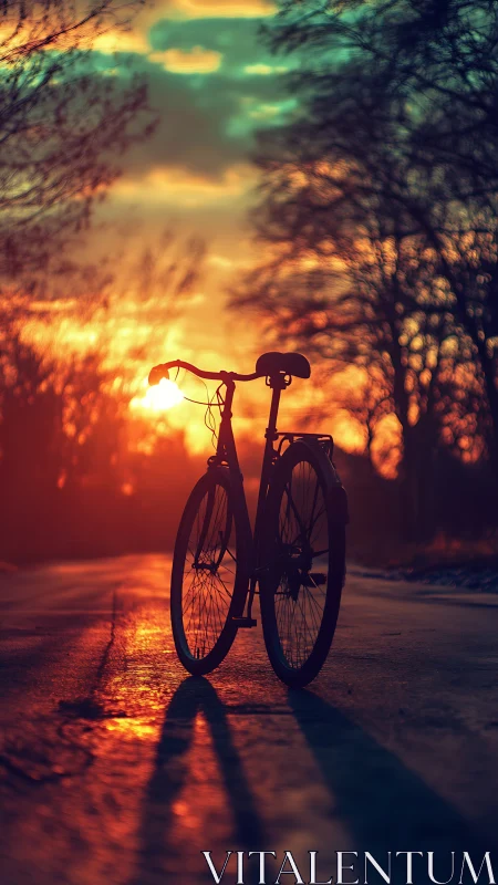 Bicycle silhouette against dramatic sunset with forest canopy.