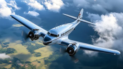 Vintage twin engine airliner cruises above clouds in daylight