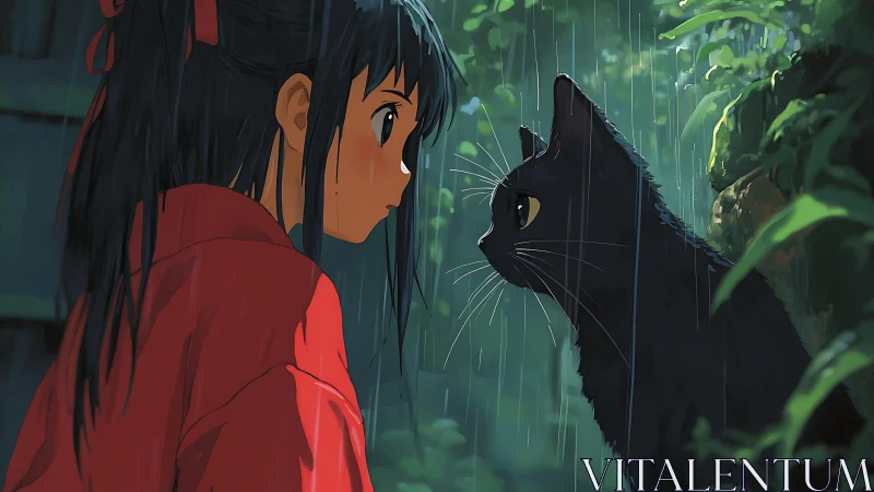 Girl faces black cat in rainy forest scene with soft lighting