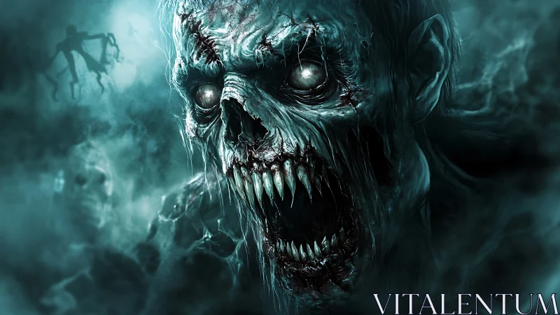 Decomposed spectral skull rendered with high-contrast teal volumetric fog