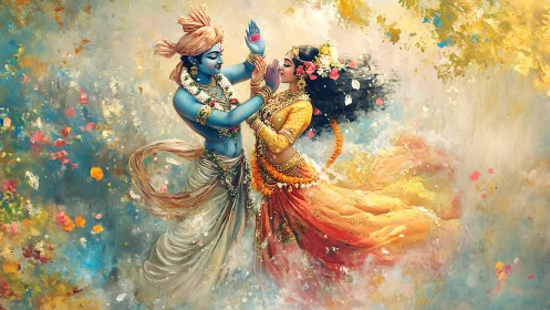 Joyful divine couple dancing in a swirl of color and light.