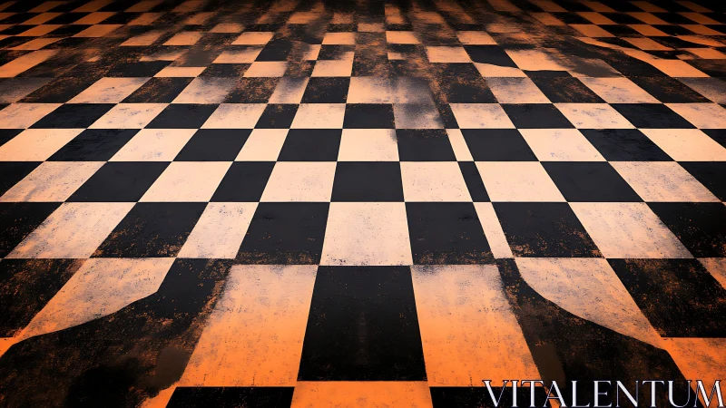 Distressed orange checkerboard floor in cinematic perspective.